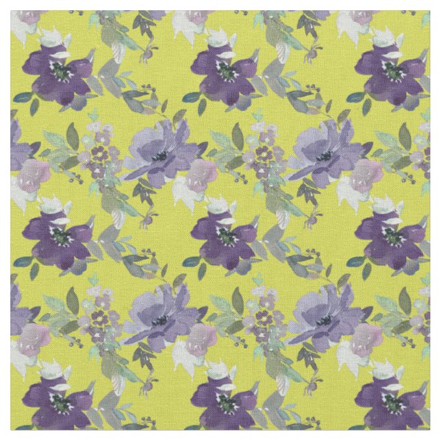 Purple Floral on Yellow Watercolor Fabric (Close Up)