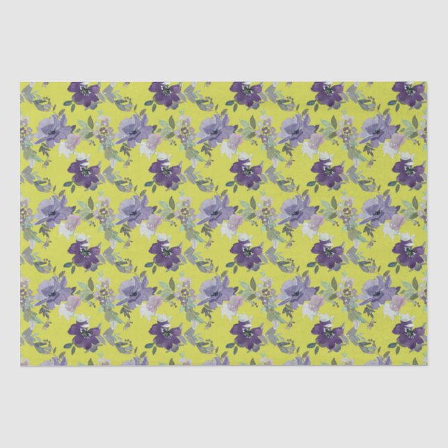 Purple Floral on Yellow Watercolor Tissue Paper (Front)