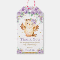 Purple Floral Owl 1st Birthday Party Thank You Gift Tags