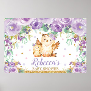 Purple Floral Owl Baby Shower Backdrop Poster
