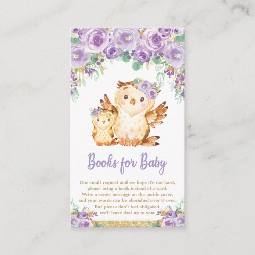 Purple Floral Owl Baby Shower Bring a Book Enclosure Card