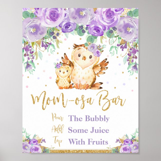 Purple Floral Owl Baby Shower Momosa Bar Sign (Front)