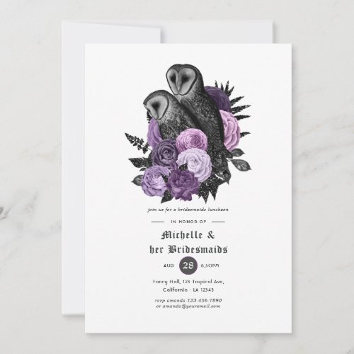 Purple Floral Owls Gothic Bridesmaids Luncheon Invitation