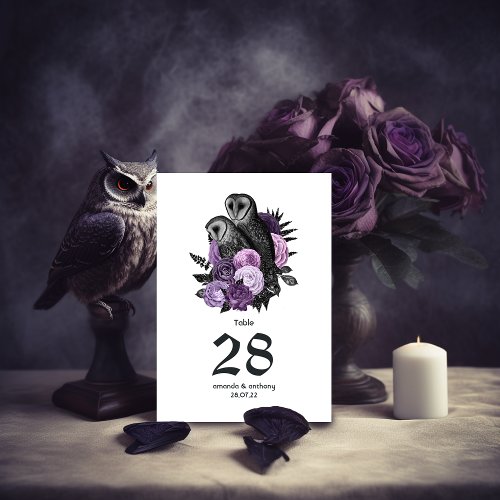 Purple Floral Owls Gothic Wedding Table Number
