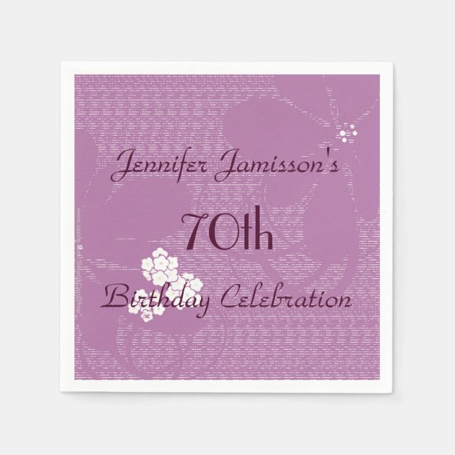 Purple Floral Paper Napkins, 70th Birthday Party Napkins (Front)