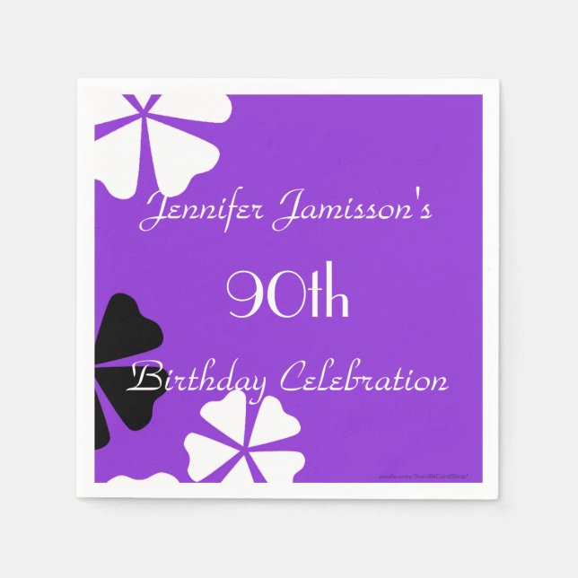 Purple Floral Paper Napkins, 90th Birthday Party Paper Napkins (Front)