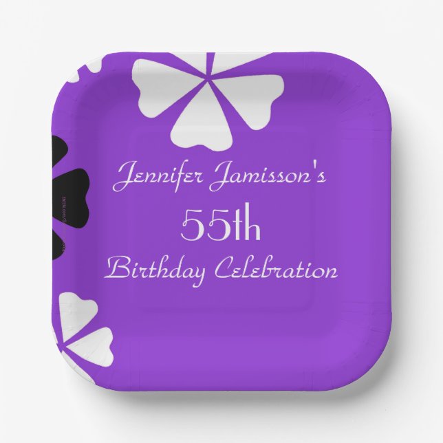 Purple Floral Paper Plates, 55th Birthday Party Plates (Front)
