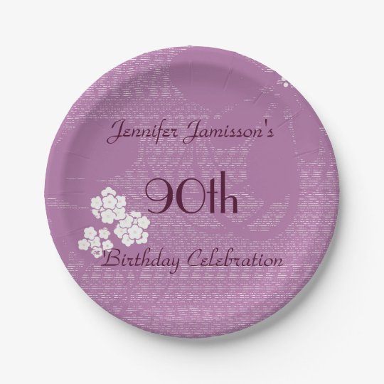 Purple Floral Paper Plates, 90th Birthday Party Paper Plates