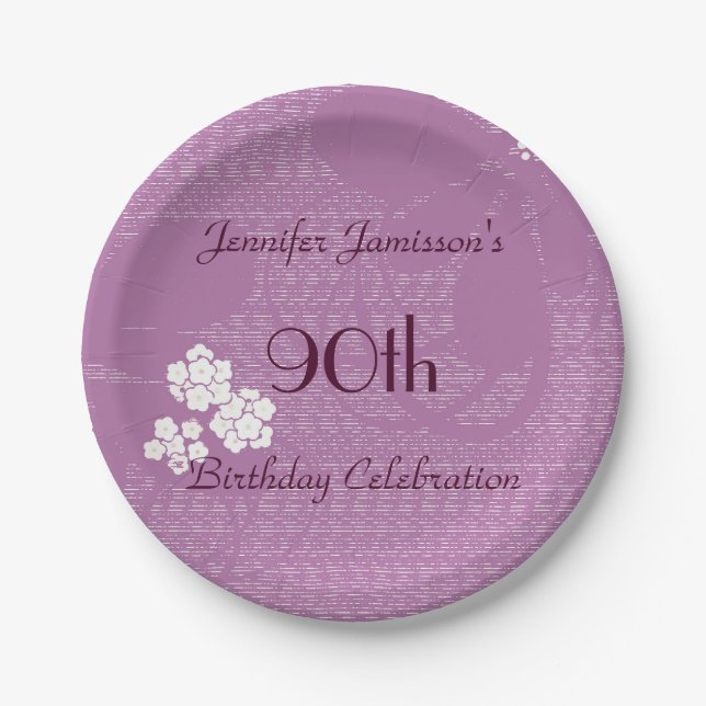 Purple Floral Paper Plates, 90th Birthday Party Plates (Front)