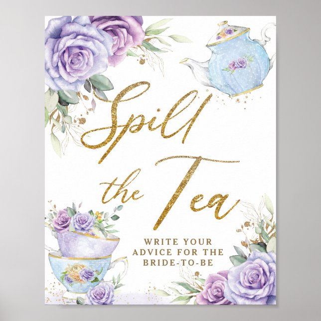 Purple Floral Party Bridal Shower Spill The Tea Poster (Front)