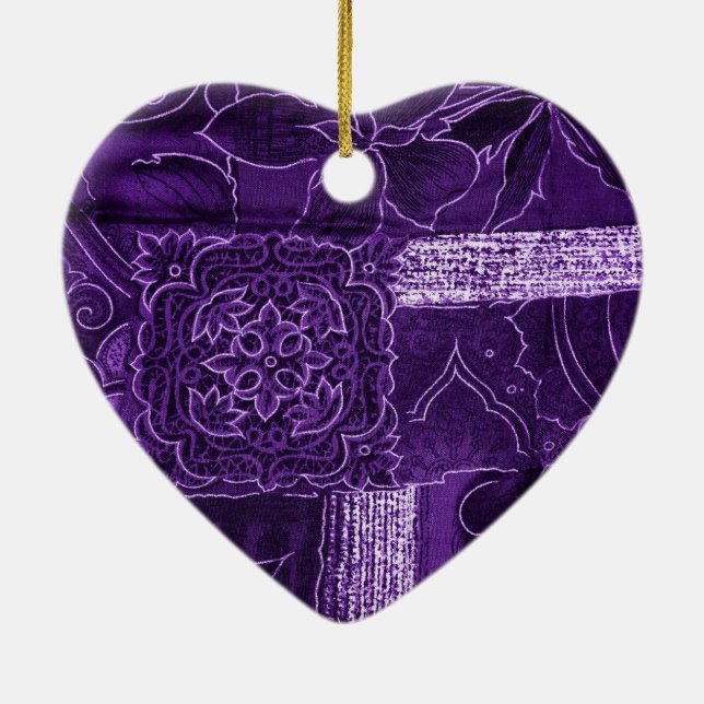 Purple Floral Patchwork Fabric Ceramic Ornament (Back)