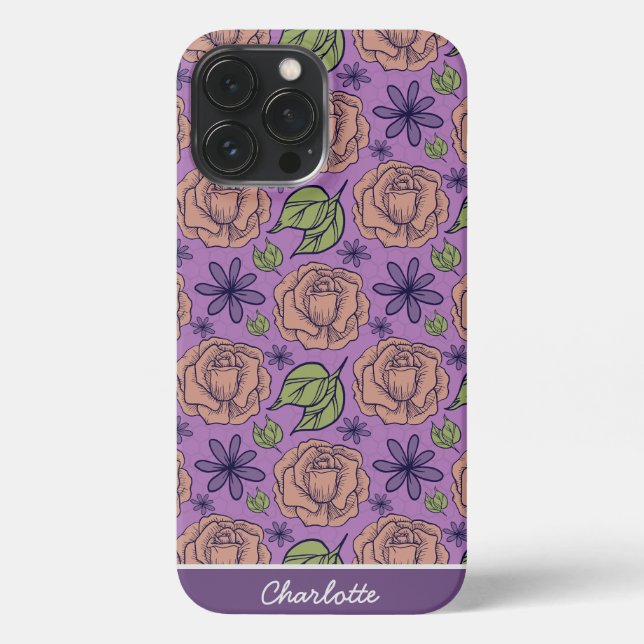 Purple floral pattern big blossom with name iPhone case (Back)