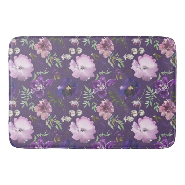 Purple Floral Pattern Elegant Bath Mat (Front)