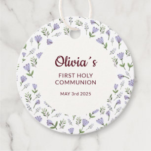 Purple Floral Pattern First Communion Favor Tags