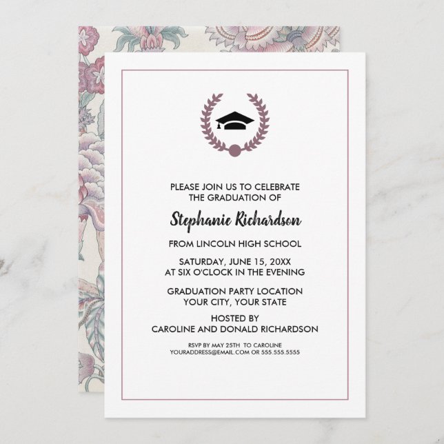 Purple Floral Pattern Graduation Party  Invitation (Front/Back)