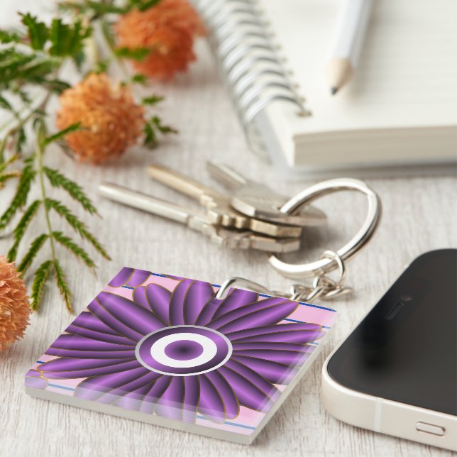 Purple Floral Pattern Modern Abstract Flower Desig Keychain (Front Right)