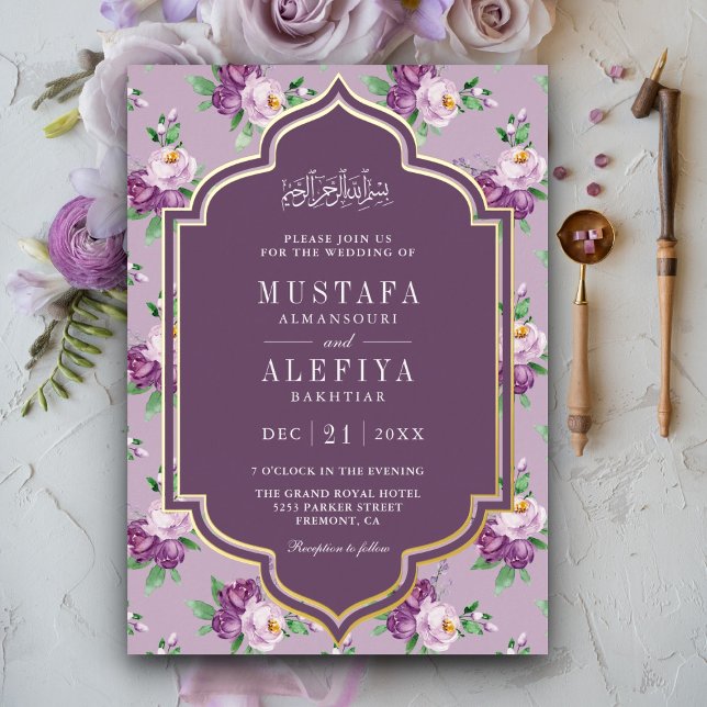 Purple Floral Pattern Muslim Wedding Gold Foil Invitation (Creator Uploaded)