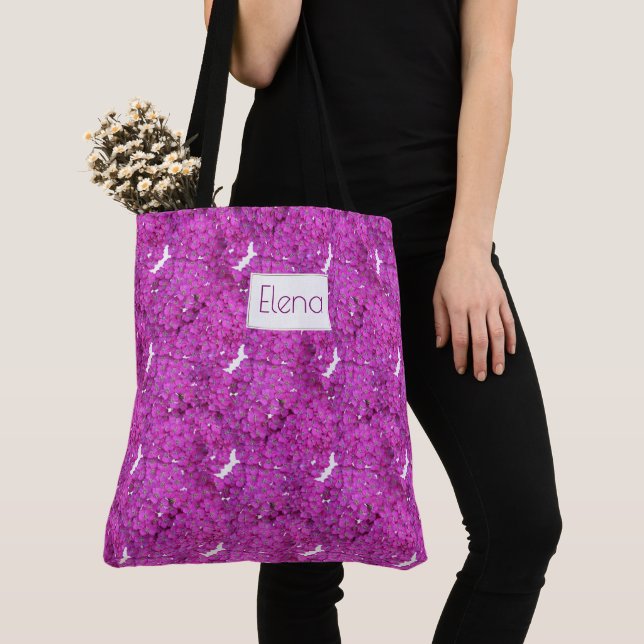 Purple floral pattern. Name. Tote Bag (Close Up)