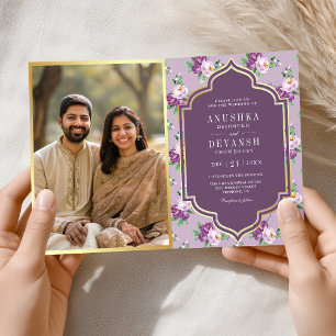 Purple Floral Pattern QR Code Indian Wedding Invitation