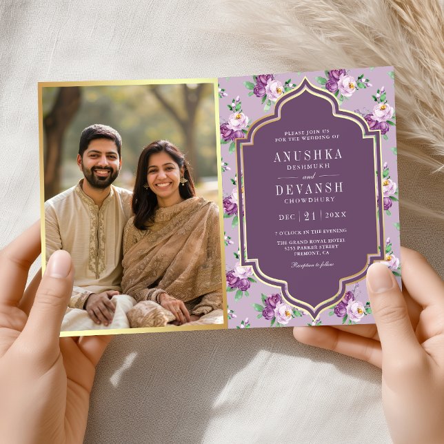 Purple Floral Pattern QR Code Indian Wedding Invitation (Creator Uploaded)