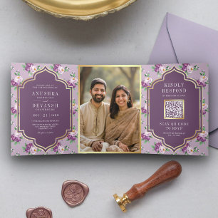 Purple Floral Pattern QR Code Indian Wedding Tri-Fold Invitation