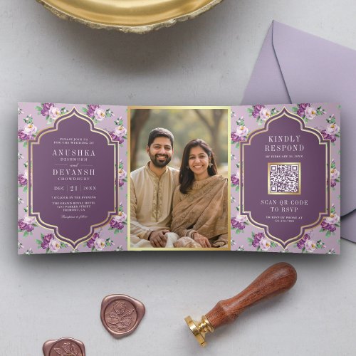 Purple Floral Pattern QR Code Indian Wedding Tri_Fold Invitation