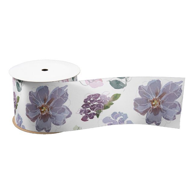 Purple Floral Pattern Satin Ribbon (Spool)