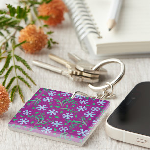 Purple Floral Pattern with Blue Flowers Keychain