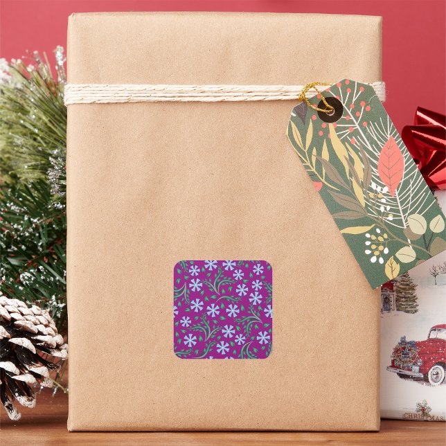 Purple Floral Pattern with Blue Flowers Square Sticker (Creator Uploaded)
