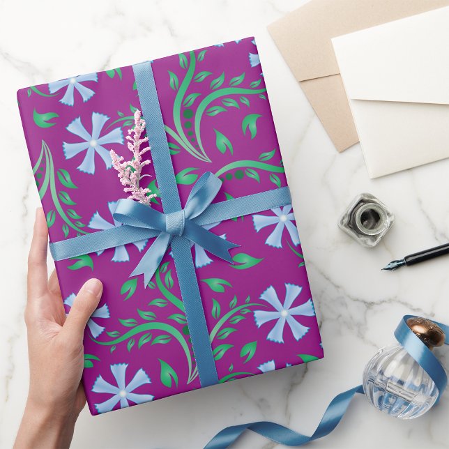 Purple Floral Pattern with Blue Flowers Wrapping Paper (Creator Uploaded)