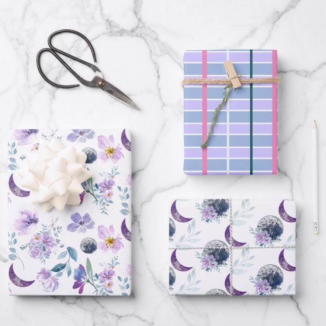 Purple Floral Pattern With Moon Wrapping Paper Sheets (Front)