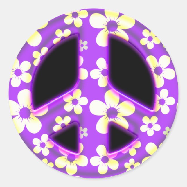 PURPLE FLORAL PEACE SIGN CLASSIC ROUND STICKER (Front)