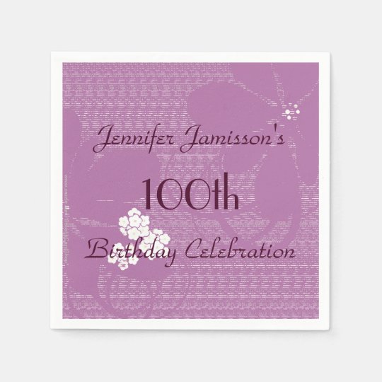Purple Floral Personalized 100th Birthday Party Napkins