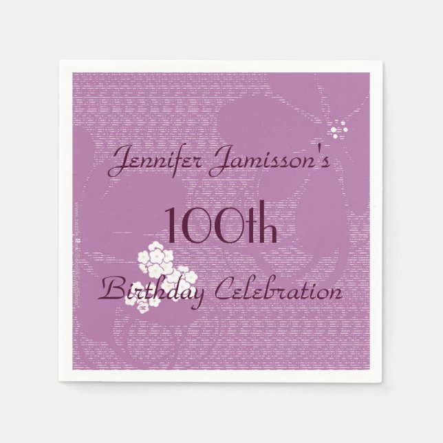 Purple Floral Personalized 100th Birthday Party Napkins (Front)
