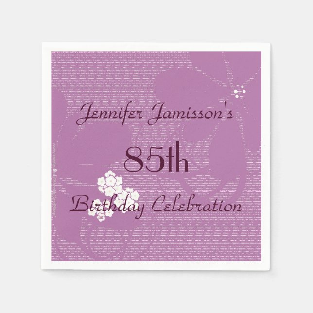 Purple Floral Personalized 85th Birthday Party Napkins (Front)