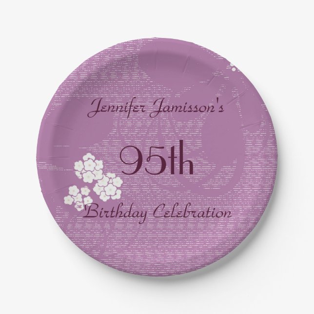 Purple Floral Personalized 95th Birthday Party Paper Plates (Front)