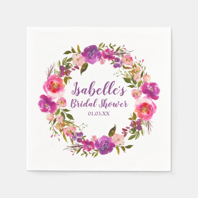 Purple Floral Personalized Bridal Shower Napkins (Front)
