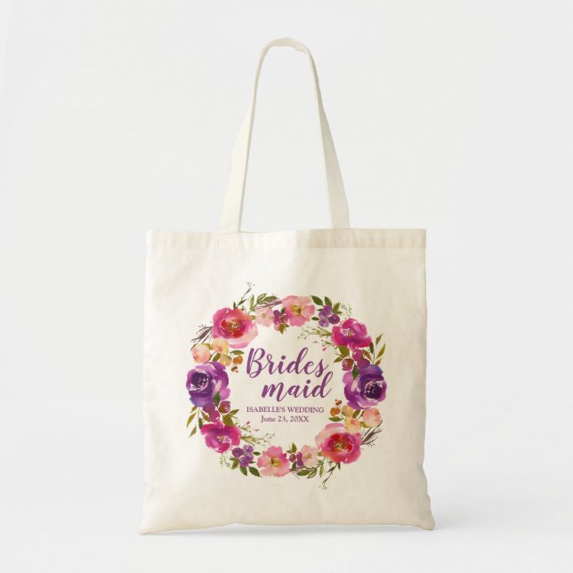 Purple Floral Personalized Bridesmaid Totebag Tote Bag (Front)