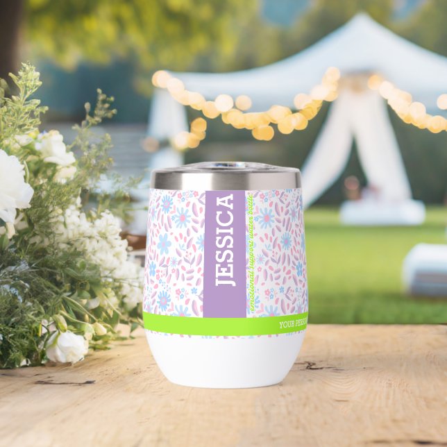 Purple Floral Personalized Name & Monogram Thermal Wine Tumbler (Wedding (Rotated))