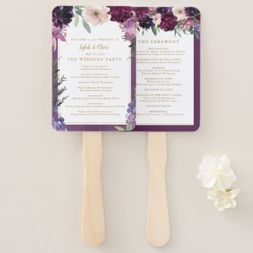 Purple Floral  Personalized Wedding Program Hand Fan