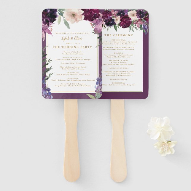 Purple Floral | Personalized Wedding Program Hand Fan (Front and Back)