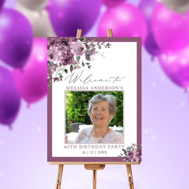 Purple Floral Photo 60th Birthday Welcome Foam Board (Creator Uploaded)