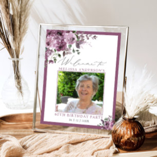 Purple Floral Photo 60th Birthday Welcome Poster
