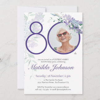 Purple Floral Photo 80th Birthday Surprise Party Invitation