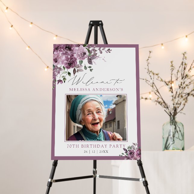 Purple Floral Photo Any Age Birthday Welcome Foam Board (In Situ (Stand))