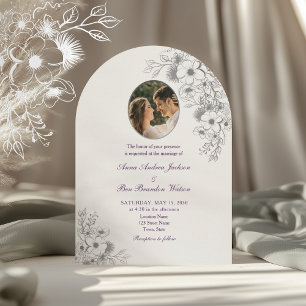 Purple Floral Photo Arched Wedding Invitation