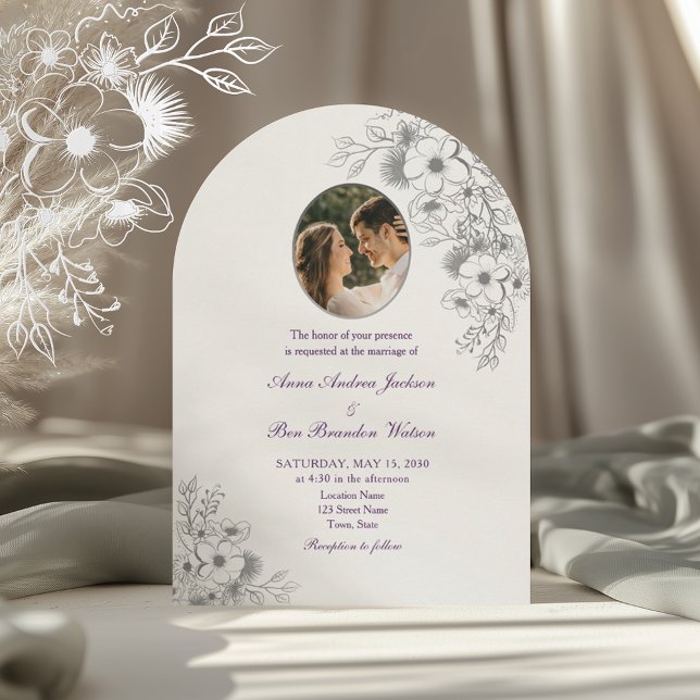 Purple Floral Photo Arched Wedding Invitation (Creator Uploaded)