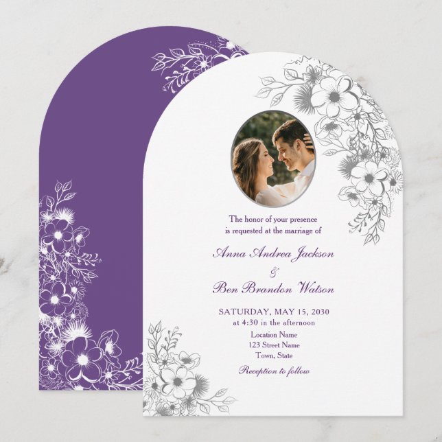 Purple Floral Photo Arched Wedding Invitation (Front/Back)