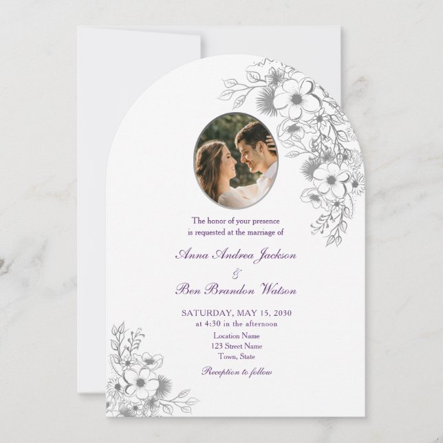 Purple Floral Photo Arched Wedding Invitation (Front)