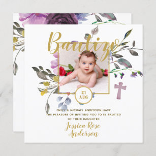 Purple Floral PHOTO Bautizo Invitacion Spanish Invitation